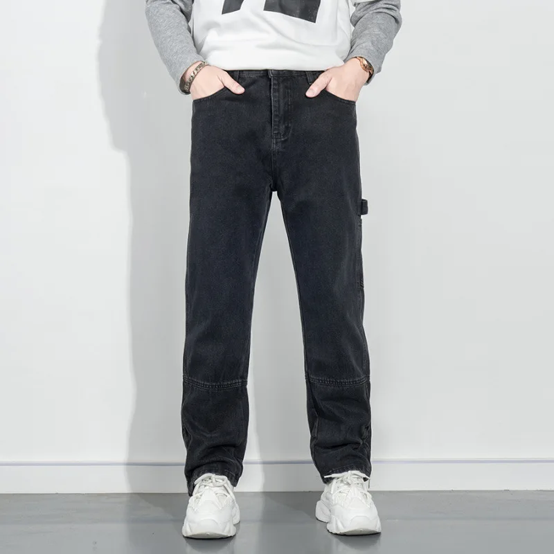 

Черные джинсы на молнии по краю, мужские брюки, свободные прямые брюки, американская мода, уличные брюки в стиле ретро.