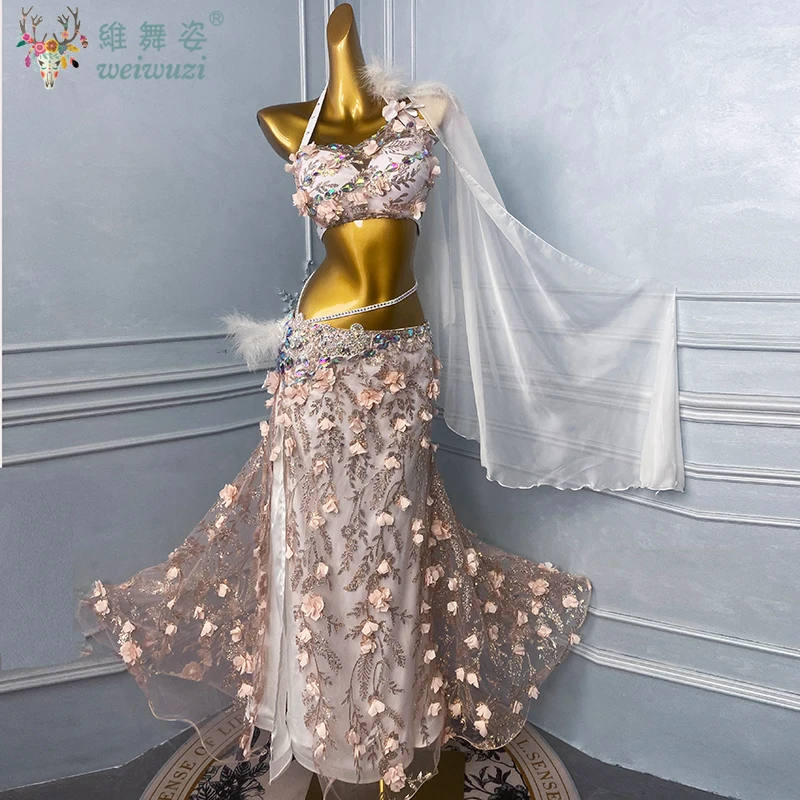 Bauchtanz-Kostüm-Set für Damen, maßgeschneidert, exquisiter Blumen-BH + sexy geteilter langer Rock, orientalische Tanz-Performance-Kostüme