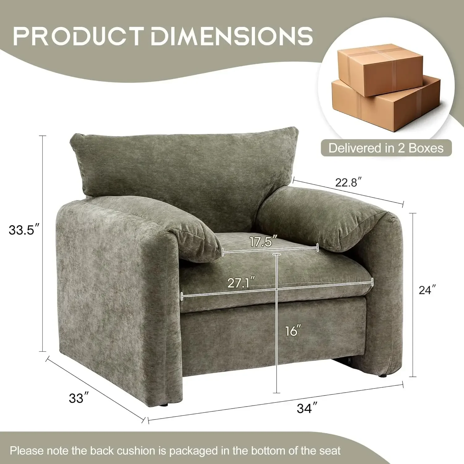 Chenille Armchair - Modern Accent Chair & Single Sofa Lounge, 34'' Wide, Comfortable Seating for Living Room & Bedroom