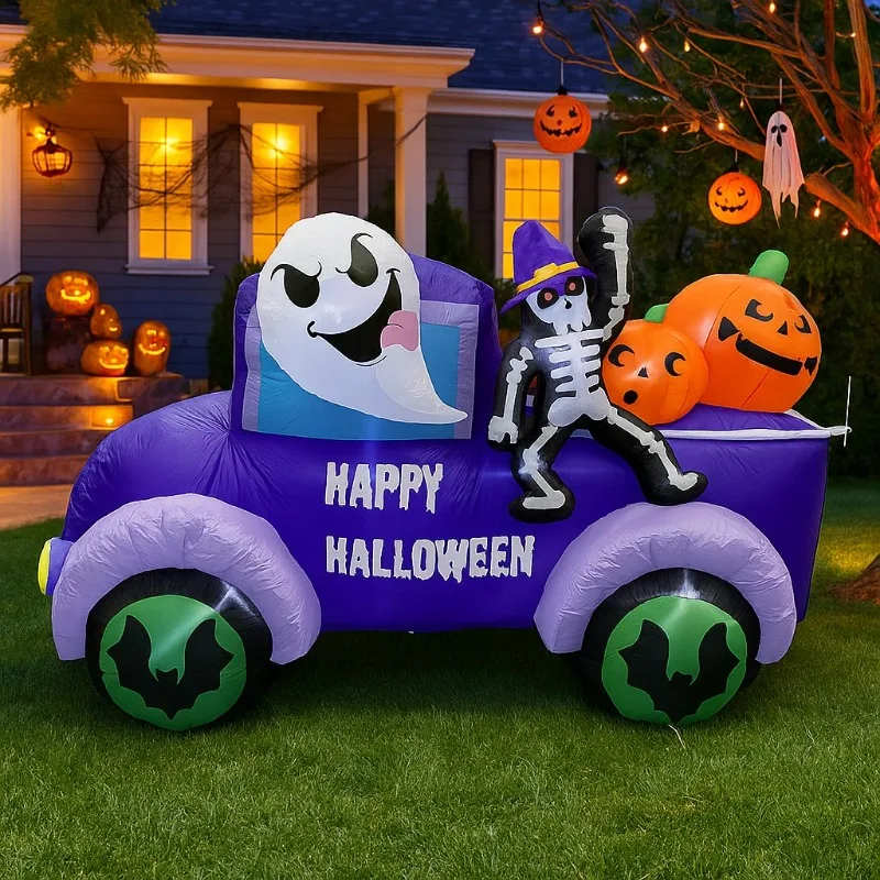 8FT Halloween Aufblasbare Spielzeuge Outdoor Dekorationen Geist Fahren Lkw Auto Skelett Kürbis Integrierte LEDs für Yard Party Decor