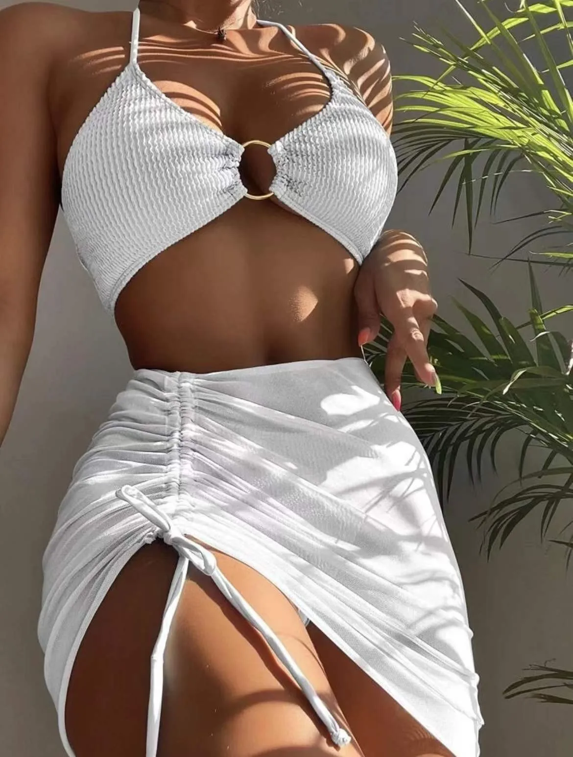 Steel ring bikini pop-up three-piece separates bikini2024 ruched ladies swimming costume