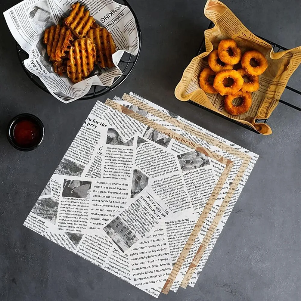 100/1000 Pcs Newspaper Print Deli Paper Sheets,Food-grade Greaseproof Papers Food Plate liners for Sandwiches, Burgers, Fries
