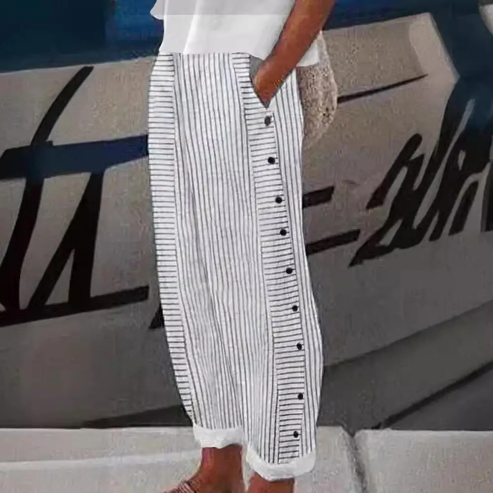 2026 Bohemian Style Women Pants Elastic Waist Wide Leg Pants With Pockets Stripe Print Side Button Up Straight Trousers 80%