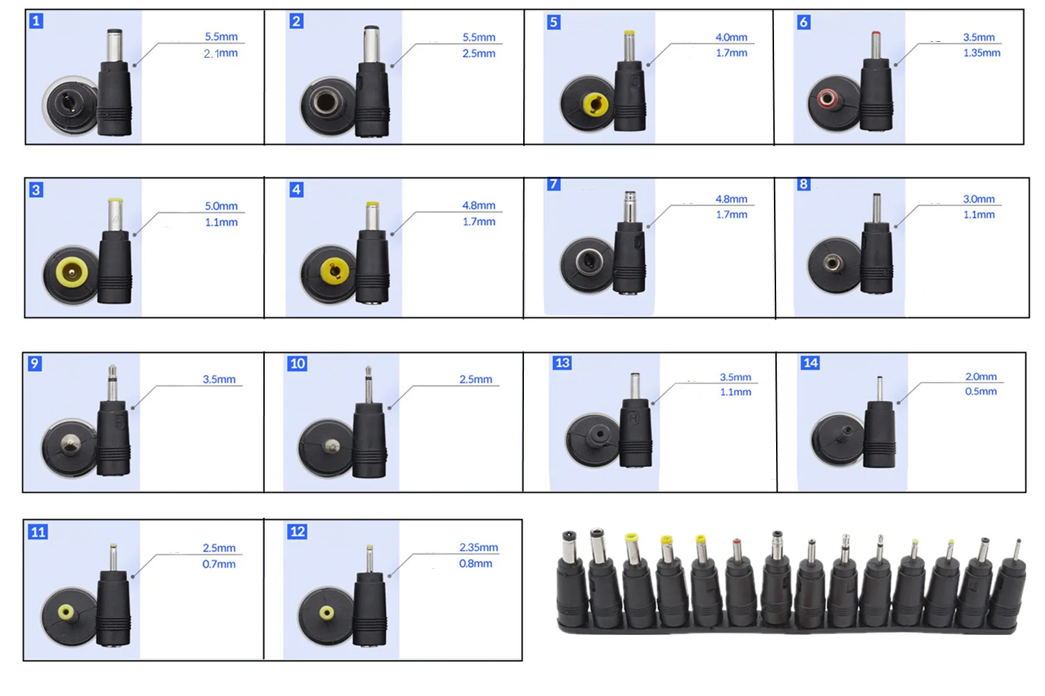 1Set DC 5.5mm x 2.1mm Female Jack to 14 Multi Type DC Power Plug Connector Adapter,Universal Laptop Notebook Input DC Plug