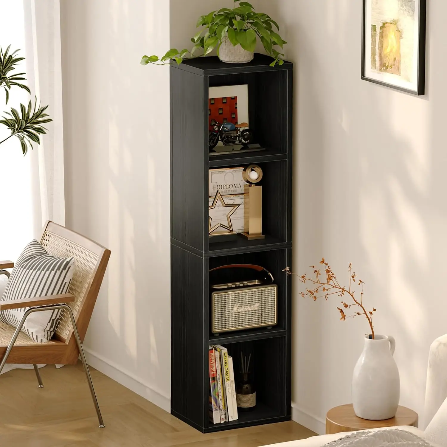 4-Tier Narrow Bookshelf Slim Open Cube Corner Storage Cabinet Multi-Tier Wood DVD Cabinet Living Room Bedroom Office, Customized
