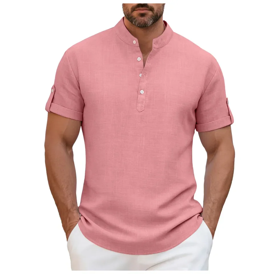 Men's T-Shirt Solid Color Button Pullover Short Sleeve Shirt Summer Blouse Casual Beach Style