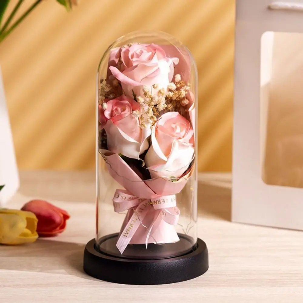 

Romantic Eternal Rose Light Luminous 3 Heads Soap Flower Artificial Rose Light Transparent Dome Realistic LED Eternal Flower