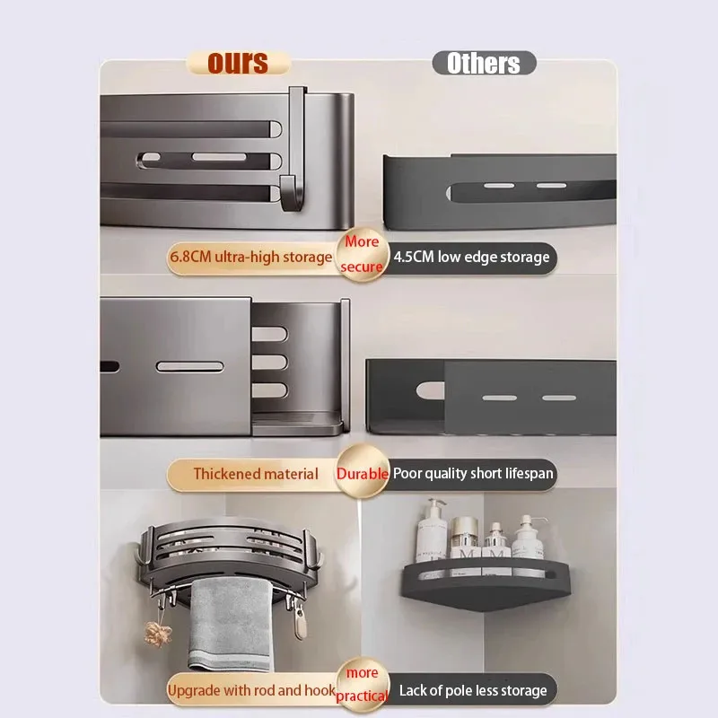 Une série de supports d'angle de salle de bain sans trous, supports de rangement pour shampoing et cosmétiques, ainsi que supports de rangement de cuisine en plastique