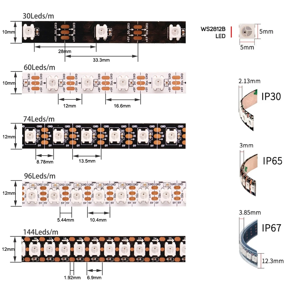 Imagem -02 - Tira Conduzida 30 60 74 96 144 Leds m Ws2812 Preto Branco Pwb Ip30 65 67 Inteligente Rgb Led Luz Tira Dc5v 1m 2m 3m 4m 5m Ws2812b