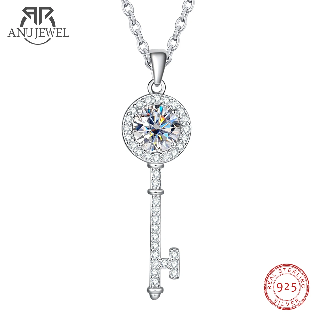 AnuJewel 1ct D Color Moissanite Diamond Key Pendant Necklace 925 Sterling Silver Necklace For Women