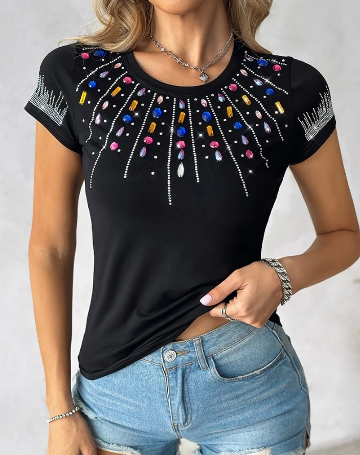 

Women Urban T-Shirt 2024 Summer Autumn Latest Rhinestone Colorful Crystal Stone Decor Top Round Neck Short Sleeve Skinny Blouses