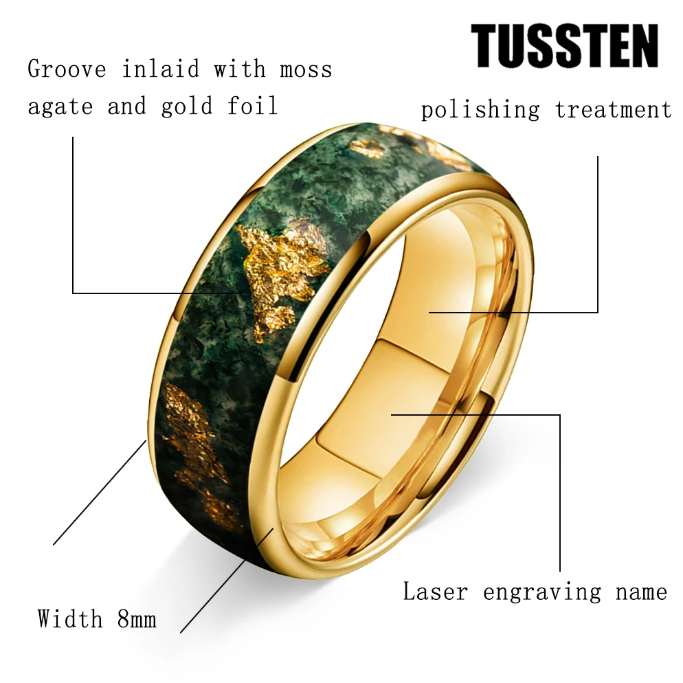 TUSSTEN 4/6/8MM Men's and Women's Wedding Tungsten Ring Inlaid Moss Agate And Gold Foil Inlay Comfortable Fit