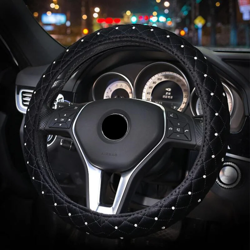 Crystal Diamond Car Steering Wheel Covers for Women Girl Plush Rhinestone covered Steering-Wheel Interior Accessories