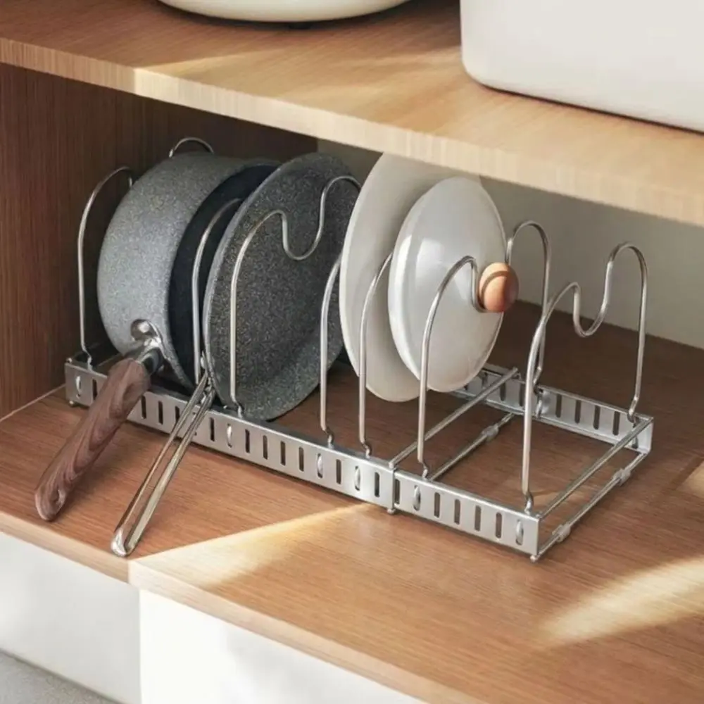 Sturdy Stainless Steel Pot Lid Storage Rack Smooth Polishing Multiple Separated Curved Brackets Kitchen Drainage Storage Rack