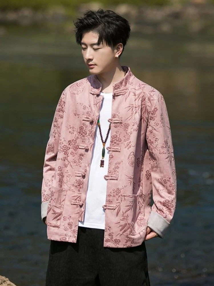 

Новая китайская мужская куртка-жакет в стиле Ханьфу для молодежи, верхняя одежда больших размеров, пальто Чжунган с пуговицами, декорированное замшевым бархатом, повседневное