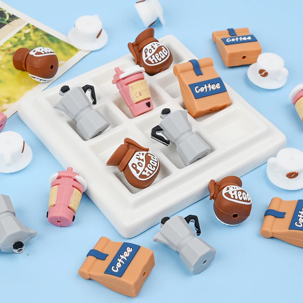 

5Pcs 3d Silicone Bead Coffee Themed Teether Beads For Pacifier Chain DIY Teether Bracelet Jewelry Making Food Grade