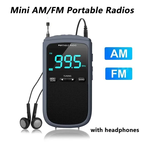 Imagen 1 del producto Mini Radio portátil AM/FM, receptor de bolsillo, altavoz estéreo, Radio recargable con reloj despertador para transmisión meteorológica al aire libre