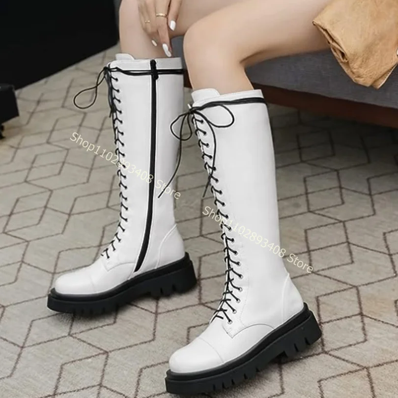 Round Toe Cross Band Knight Boots Solid Side Zipper New Fashion Shoes Outfit Women Autumn Spring Shoes 2023 Zapatos Para Mujere