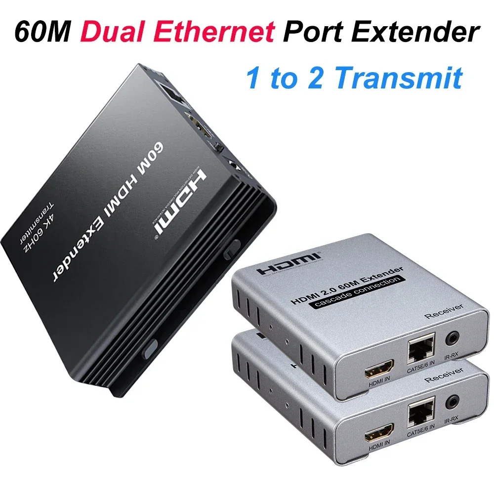 4K 60hz 60m HDMI To Dual Ethernet Port Converter Via Rj45 Cat6 Network Cable Audio Video Transmitter Receiver Cascade Connection