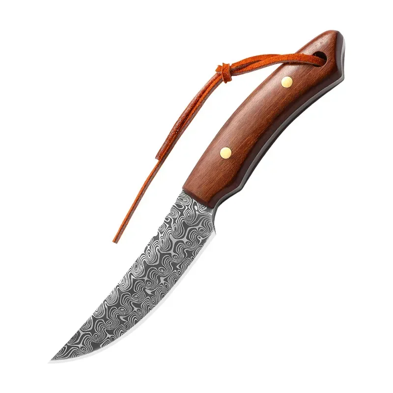 EDC Multipurpose Knife with Ergonomic Wooden Handle, Durable Damascus Blade and Leather Sheath, Perfect for Outdoor Activities