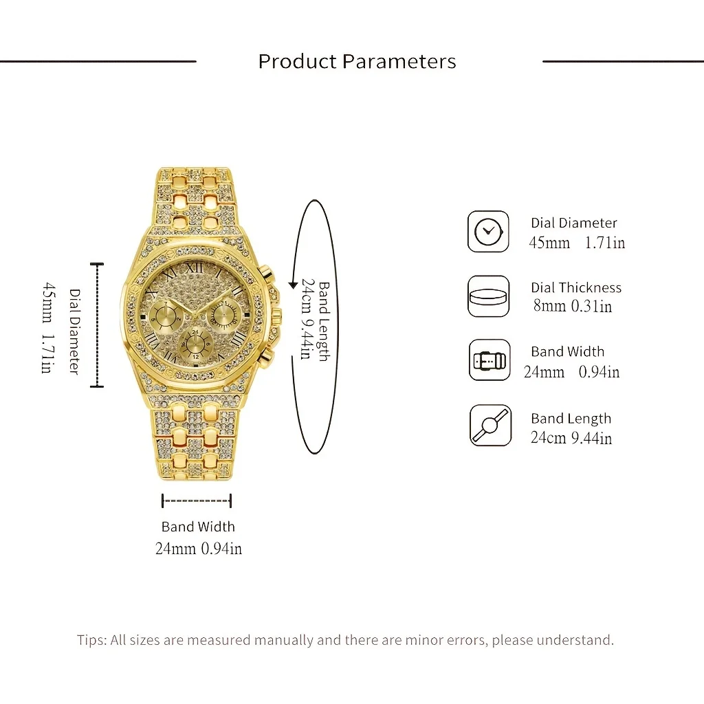 1pc Hip Hop Full Of Rhinestone Fashion Luxury Men's Watch Avant-Garde Party Hot Sale Stainless Steel Quartz Men's Watch