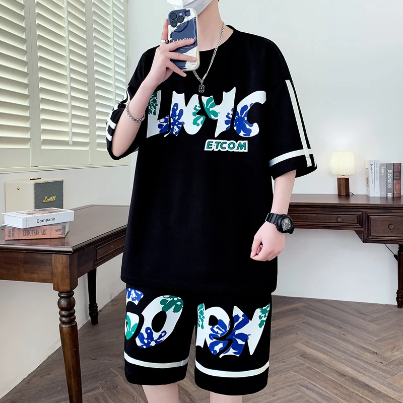 

Ice Silk Men's Summer Casual Sports Set ort Sve orts Five-Quarter Sve T-irt Polyester Fiber Youth Faionable Outfit