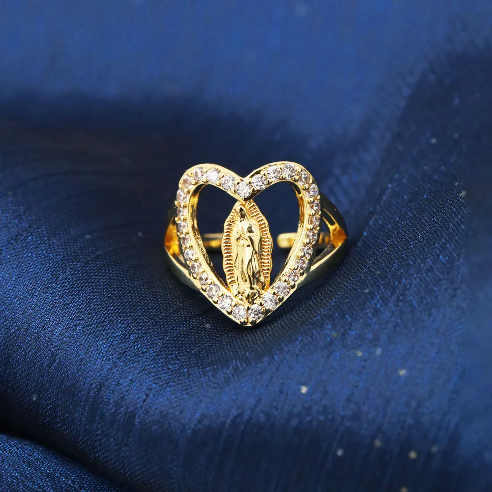 Geometric Shape Religious Women Ring Simple Versatile Plated Gold Copper Virgin Mary White Zircon Adjustable Ring