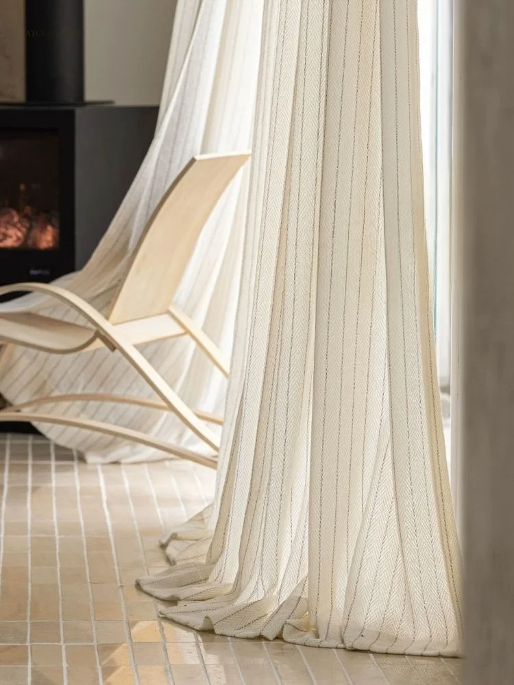 French Wool Feel Light Beige Striped Sheer Curtains Custom Decor Drapes for Balcony Living Bedroom Yoga Room Home Decor curtains