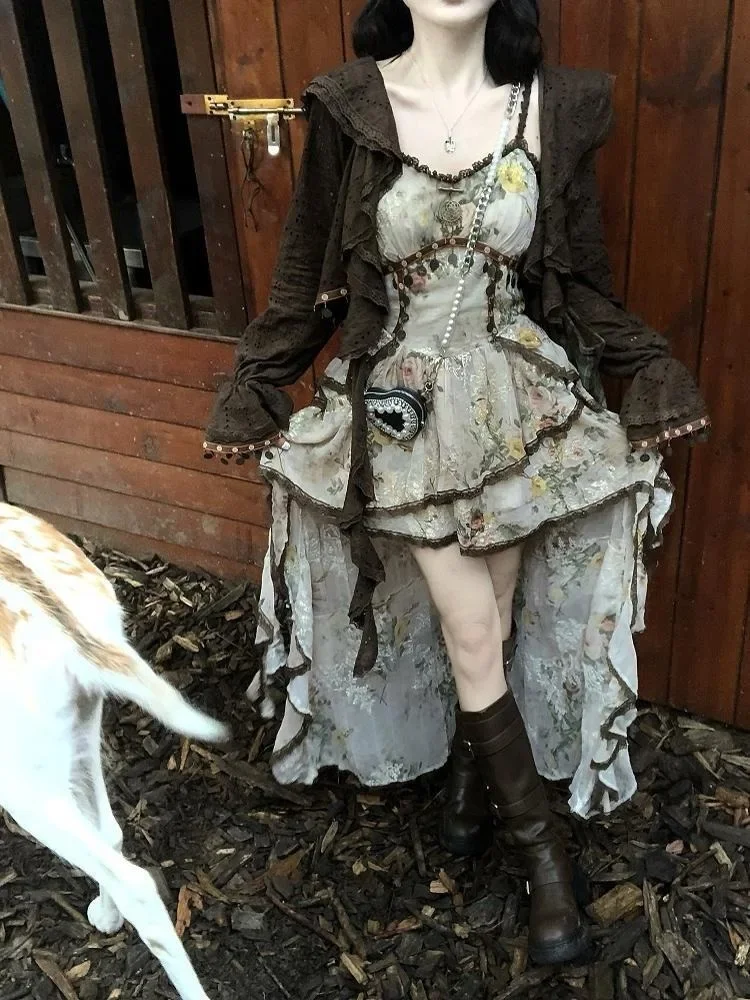 

Богемный стиль, нерегулярные платья-бретельки с принтом роз + оборки, кардиган с длинными рукавами, пальто, женские ранние осенние новые комплекты из двух предметов