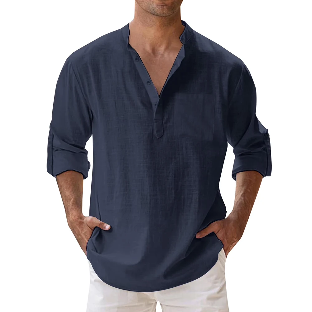 Solid Color Men's Casual Long Sleeve Top with Structured Standing Collar for Summer Travel Outdoor Recreation and Everyday Wear