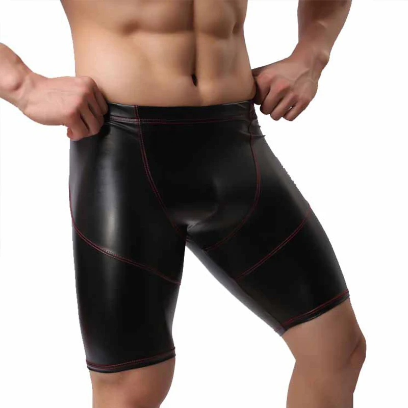 Men's Sexy PU Swimwear Summer Beach Swimming Long Boxer Faux Leather Swim Trunks Running Sports Fitness Wetlook Shorts