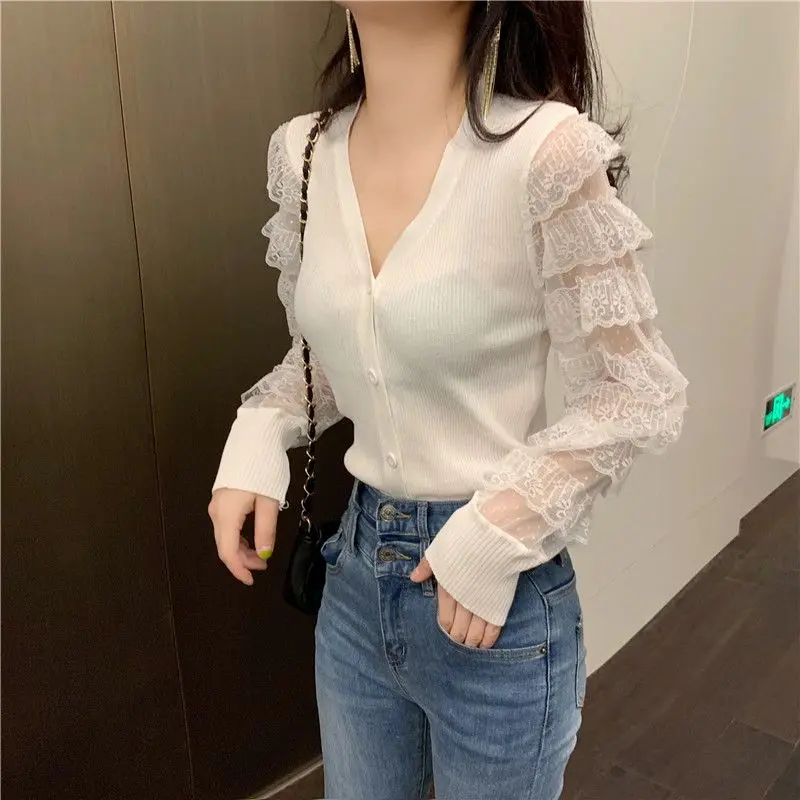 

Lace Splicing Button Up White Knitted Cardigan Women Clothing Ladies Casual Thin Nice Knitwear Female Woman OL Sweaters BVA47007