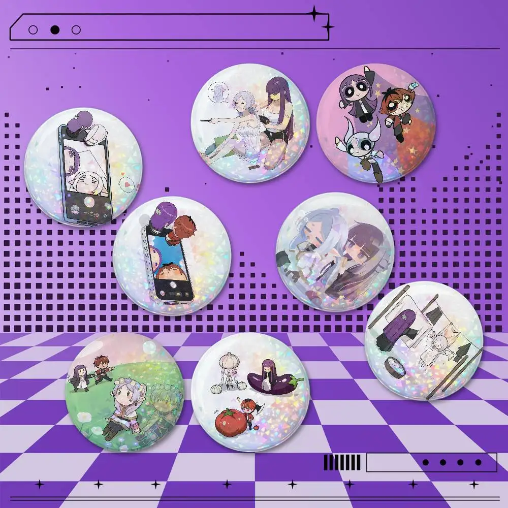 Frieren Fern Stark Round Holographic Brooch Badges 2 Pieces Set 25/32/44/58/75mm Anime Cosplay Fan Merchandise Bag Hat Backpack