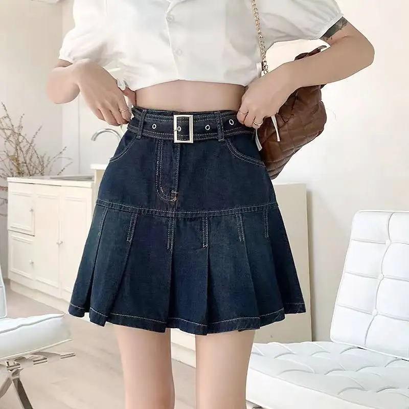 Women Skirt Summer New Design Fashion Demin Skirt Waistbelt Decoration Sexy Pleated Demin SKirt Y2k fsle retro denim blue women mini skirts high waist pocket decoration short denim pleated skirt 74 1% cotton spice girl skirt