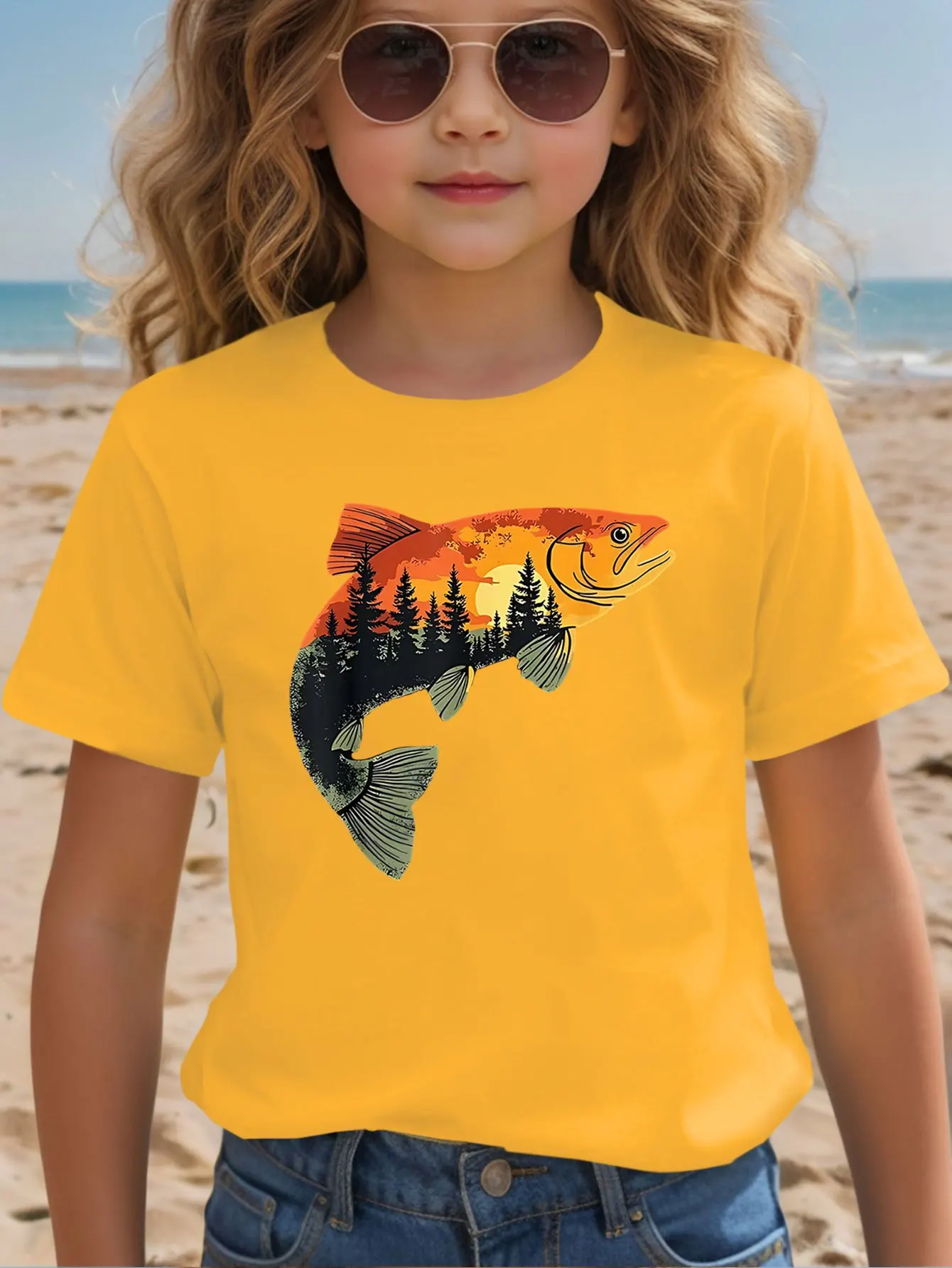 Sunset Forest Trout Fish Print Kids Cotton T Shirt Boys Girls Parent Child Matching Short Casual Breathable Family Fashion Tees