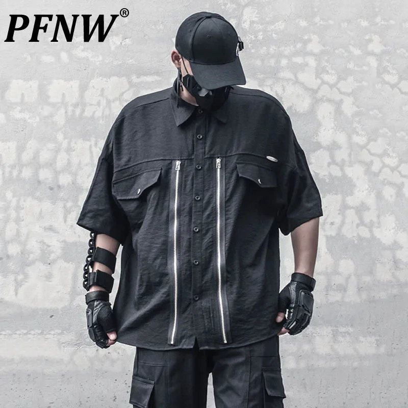 

PFNW Functional Style Men's Shirts Zippers Patchwork Single Breasted Short Sleeve Lapel Male Clothing Dark New Summer 12C420