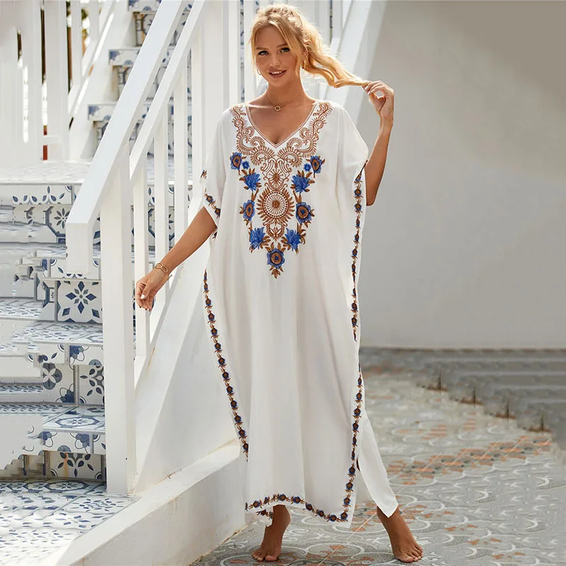 Women Cotton Beach Cover Up Dress with Floral Embroidery Loose Fit Swimwear Overlay for Vacation Sun Protection and Resort Wear
