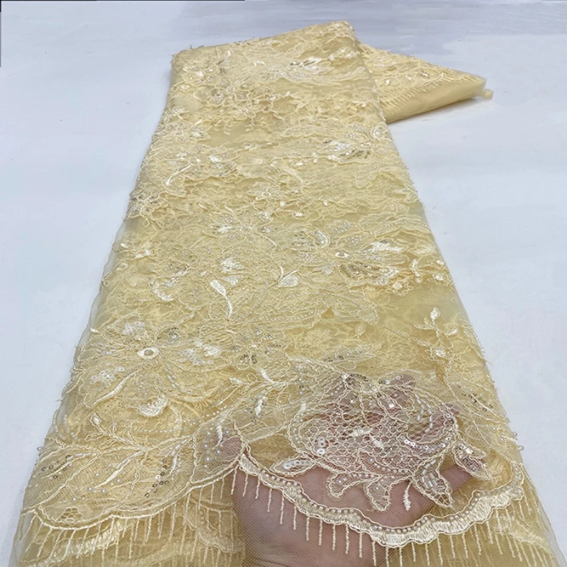 Nigerian Handmade Embroidery Beaded Lace Fabric, African Sequins Tulle Mesh Lace Fabric For Bridal Wedding Dress Sewing Material 2