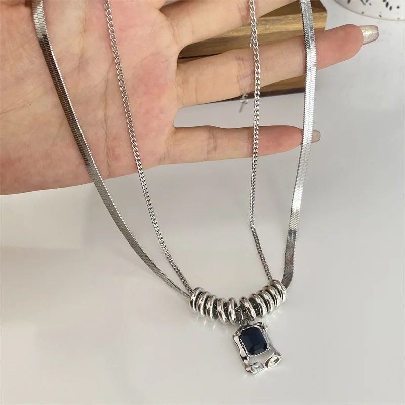 الهيب هوب الرياح التيتانيوم الصلب أبيض وأسود الزركون طبقة مزدوجة قلادة ثعبان العظام سلسلة سترة قلادة هدية عيد الميلاد زوجين #4