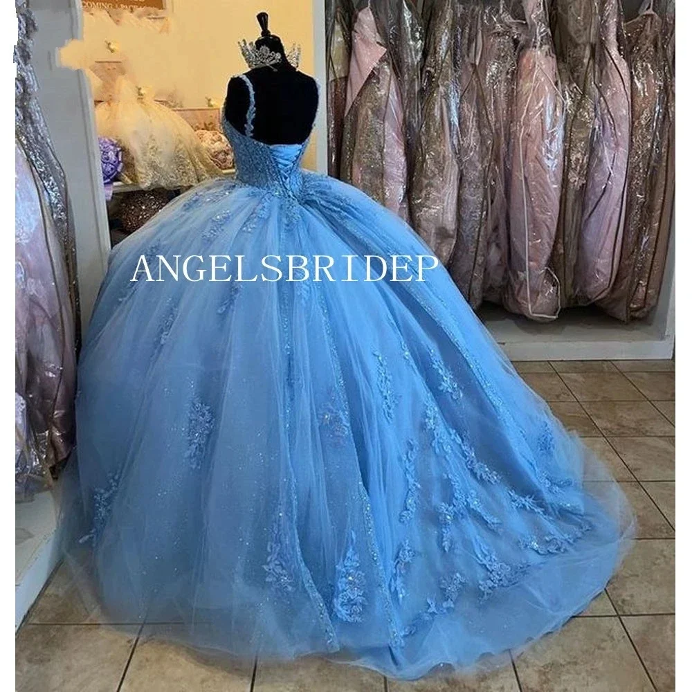 Angelsbridep-Vestidos Princesa Beading Quinceanera, vestido de baile azul, cintas de espaguete, renda, doce 16, 15 anos