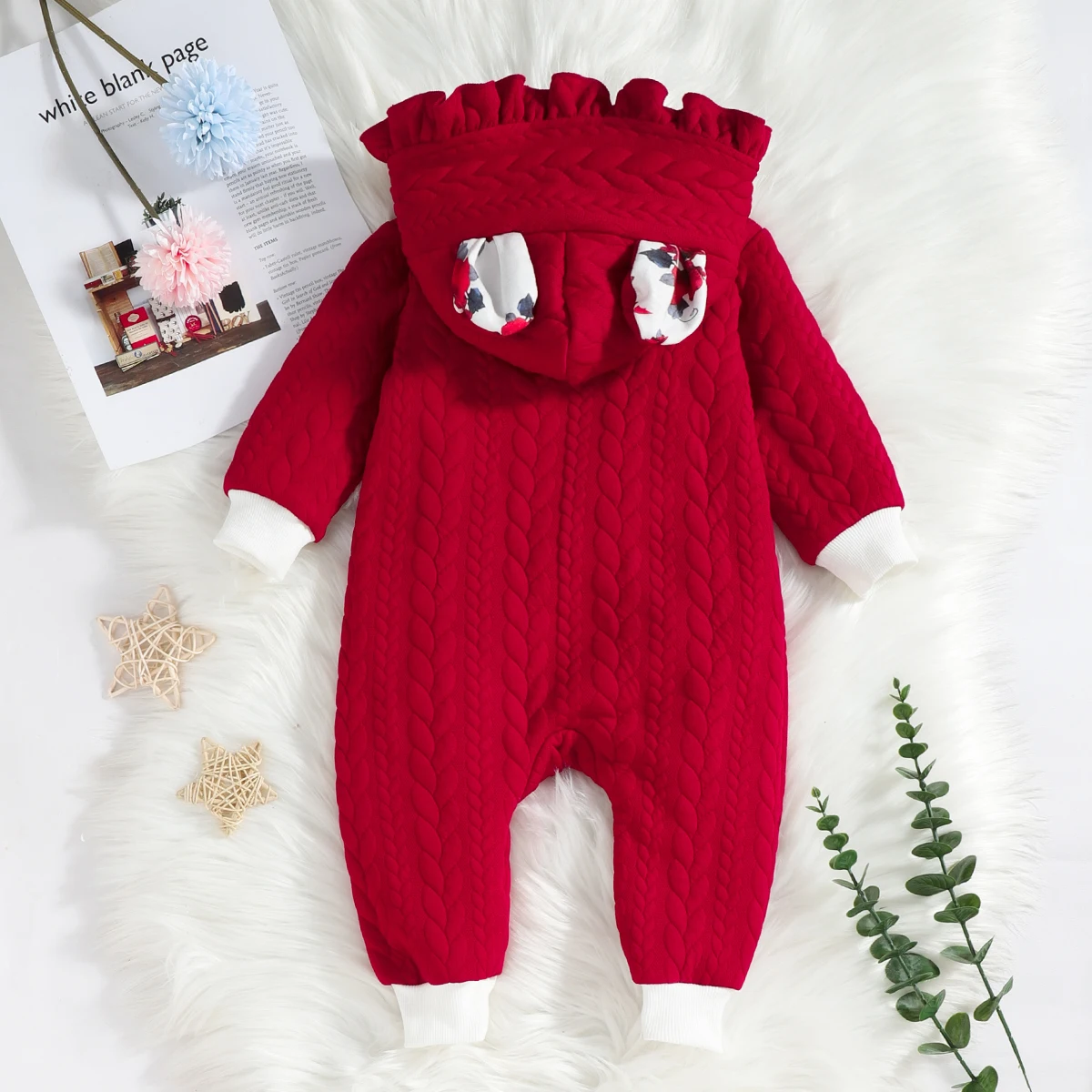 PatPat Baby Girl Button Front Frill Trim 3D Ears Hooded Long-sleeve Textured Jumpsuit