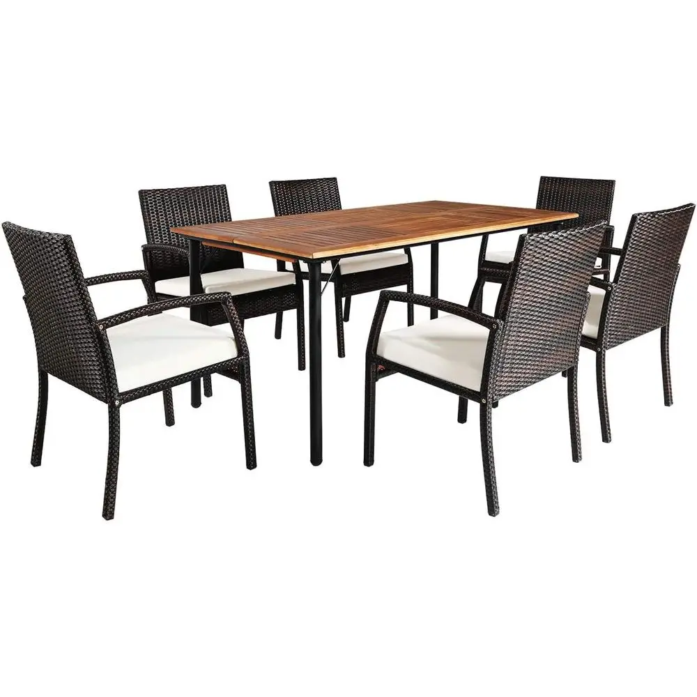 

7-местный обеденный комплект для патио из акации и ротанга со стальным каркасом и отверстием для зонта, уличный стол с мягкими стульями для заднего двора