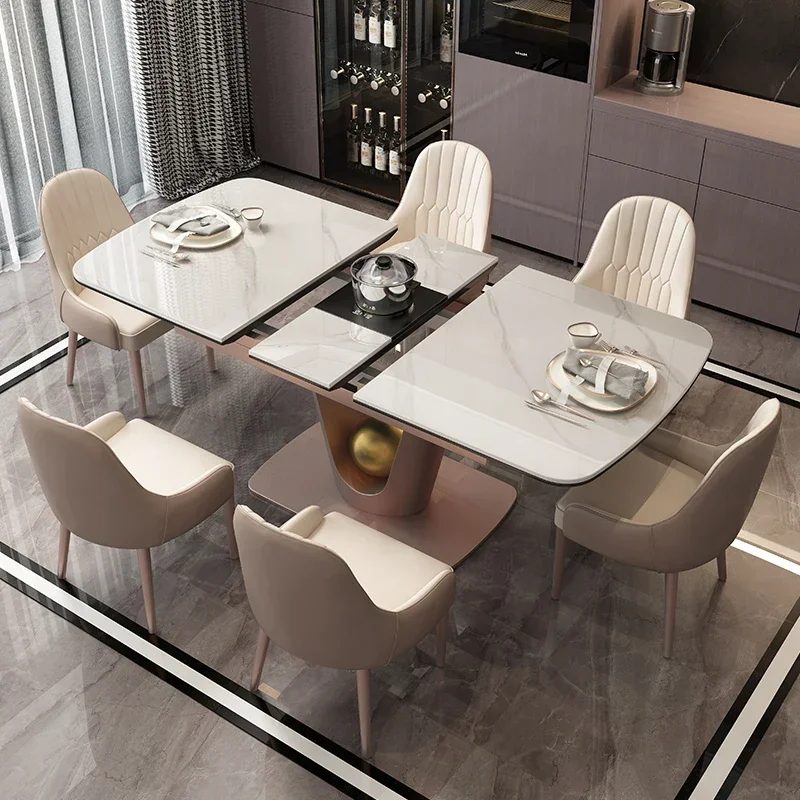 household rectangular dining table with induction cooker designer Foshan high-end light luxury dining table