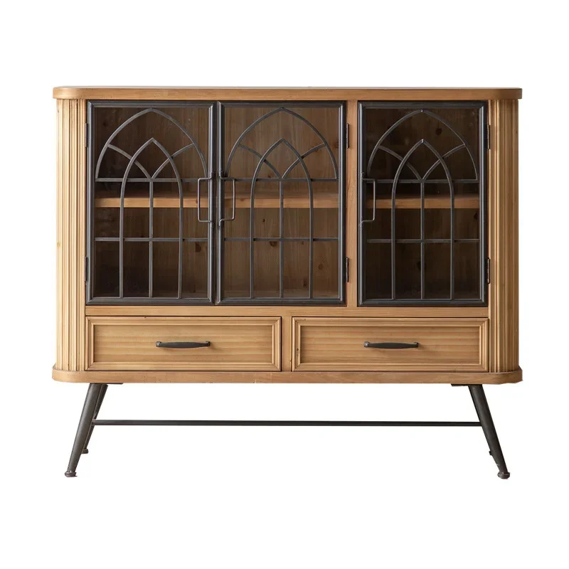 

American retro country dining side cabinet wrought iron glass door solid wood porch cabinet storage hotel homestay decoration