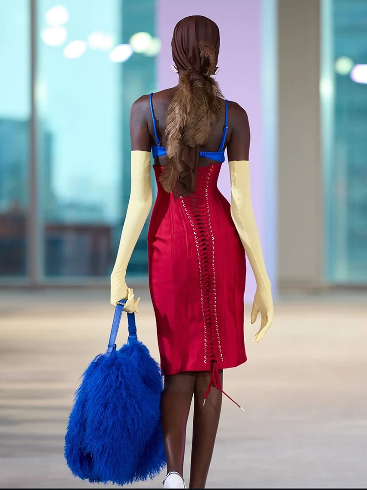 

Sexy Lace-Up Two Pieces Sets Blue Beading Short Top + Red Bodycon Midi Dress Birthday Party Cocktail Events Celebrity Outfits