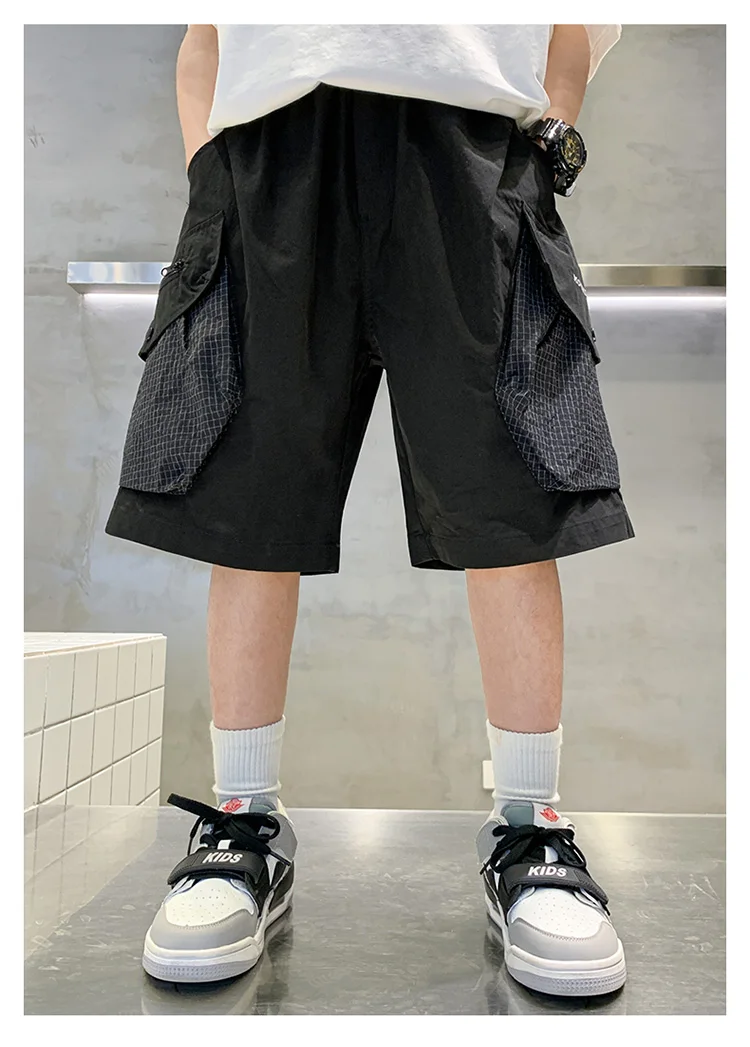 Kurze, stylische Sommer-Cargo-Shorts aus Baumwolle für Kinder und Jungen im Teenageralter, mit großer Seitentasche, neue lässige kurze Cargo-Hosen, 5-14 Jahre – Detail 4