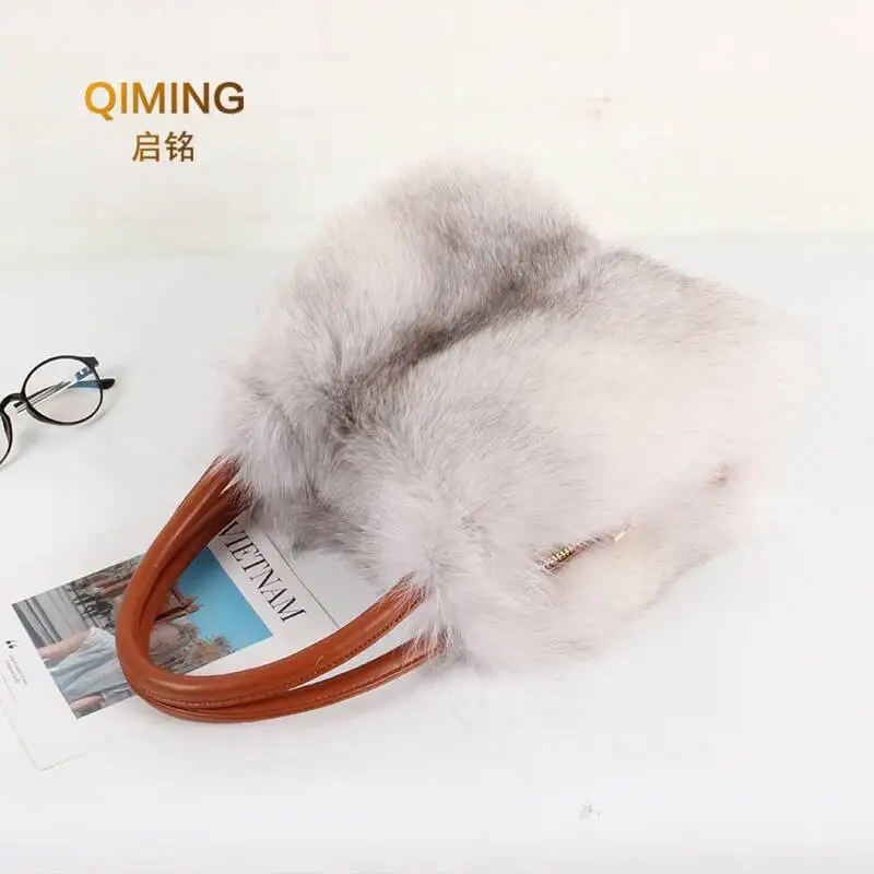 Women Real Fox Fur Handbag Winter Fashion Top-Handle Shoulder Bag Luxury Leather Tote Fluffy Pelt Banquet Ladies Bag