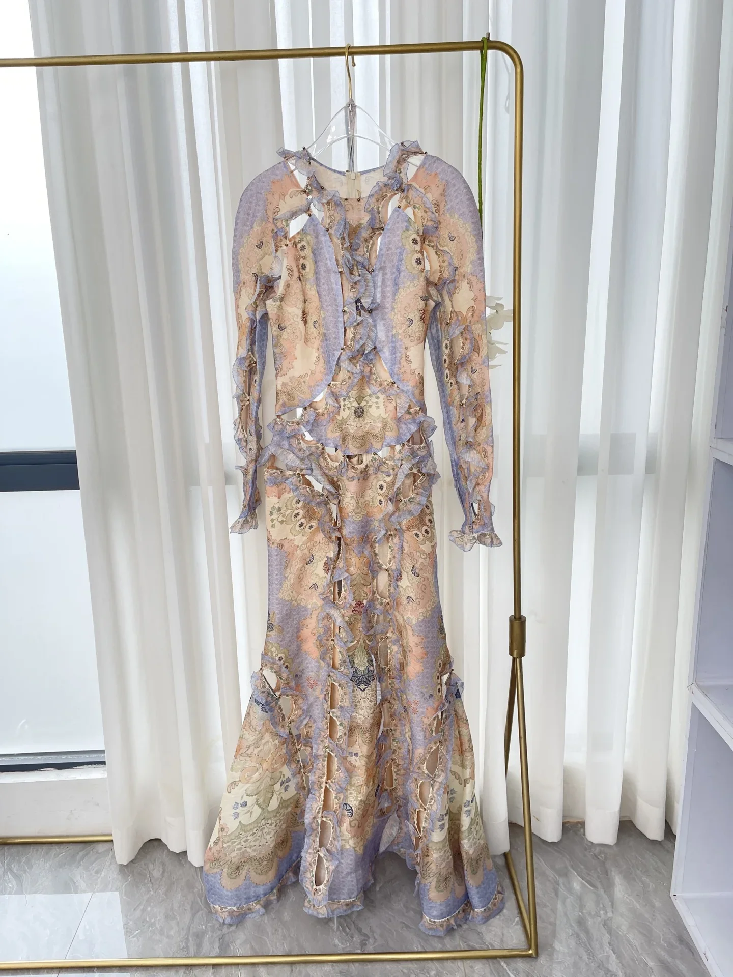 

Violet Lace Hollow Long Sleeve Ruffles Edge Maxi Dress 2025 New