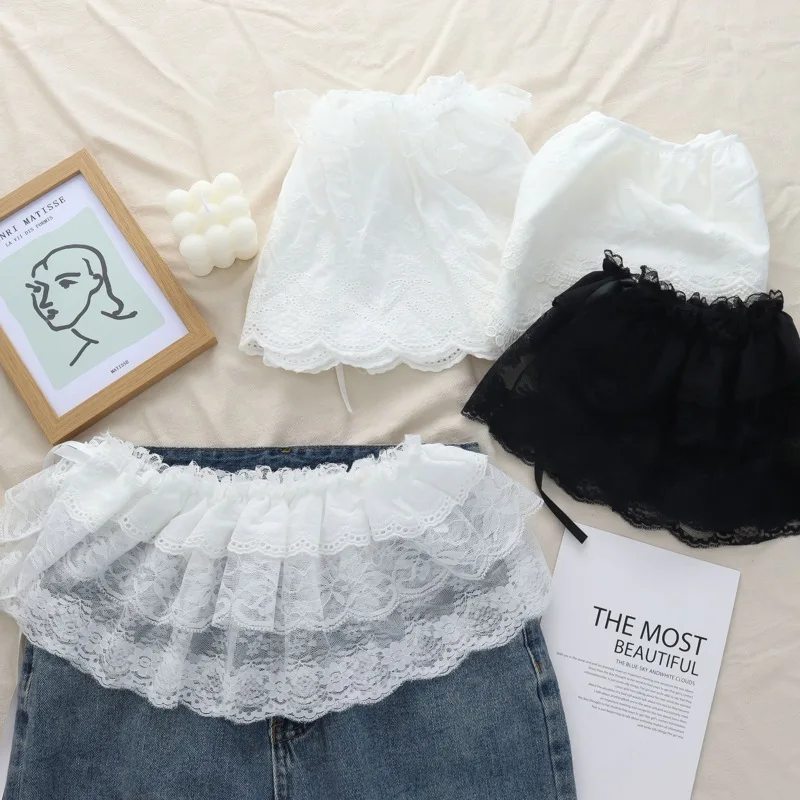 

2025 New Heavy Industry Self-Tie Lace Wooden Ear Short Japanese Style Fart Curtain Korean Style Hollow-out Ballet Apron Curtain