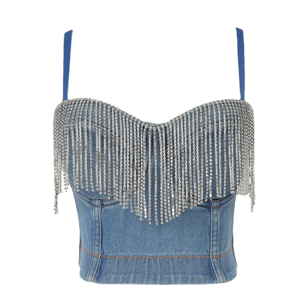 

Women's Tassel Rhinestone Denim Bustier Corset Crop Top Jean Top Bra Sexy Spaghetti Strap Glitter Washed Camisole Vest Crop Top